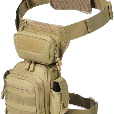 Tan AMHEH tactical drop leg thigh bag 4.5L with detachable leg strap, multiple pockets, and buckle closure