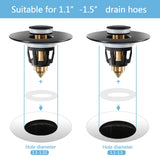 Matte black pop-up bathroom sink drain stopper and strainer basket, round, stainless steel and brass construction - view 3