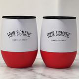 Two white Four Sigmatic 12oz stainless steel insulated travel mugs with spill-proof lids and silicone sleeves