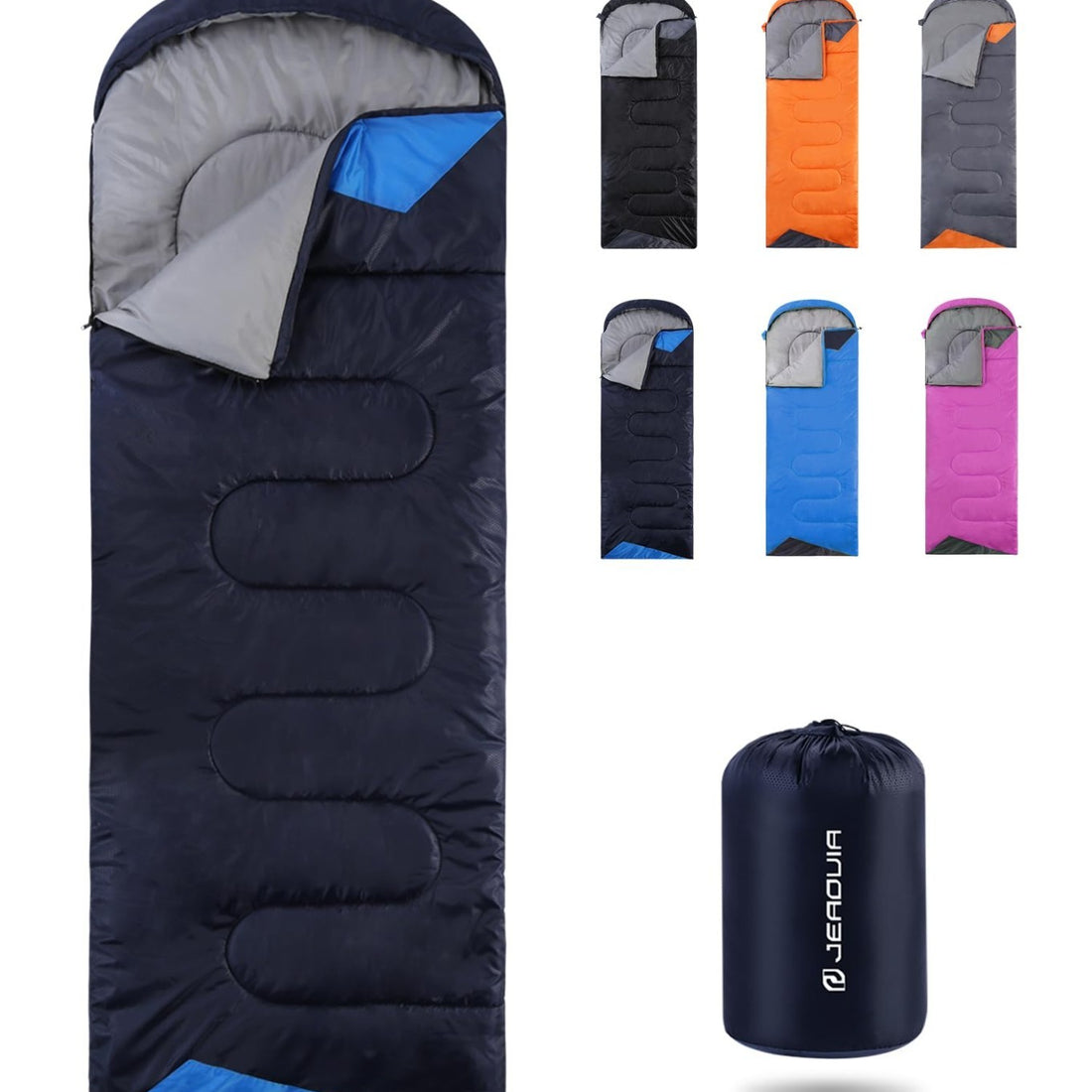 JEAOUIA navy blue rectangular sleeping bag unrolled showing soft interior lining and compression sack for compact storage