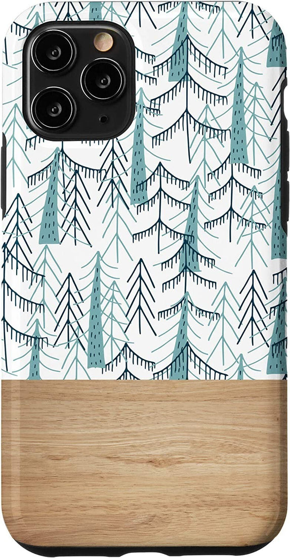 Teal green abstract pine tree forest pattern iPhone 11 Pro dual-layer protective case on white background by SugarloafGraphics