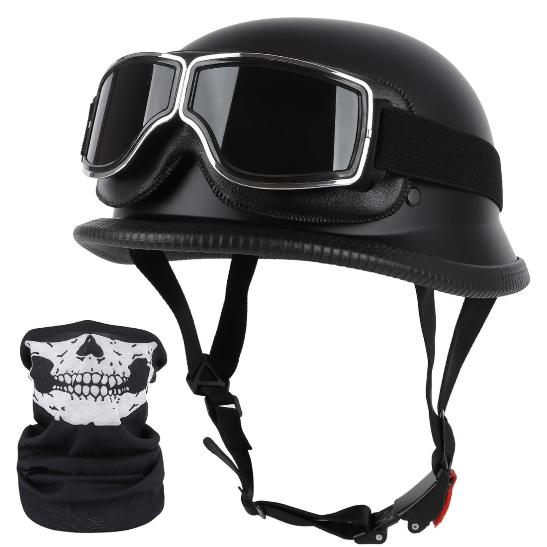 Matte black German style skull cap half helmet with removable goggles, DOT approved, size large, ABS shell construction