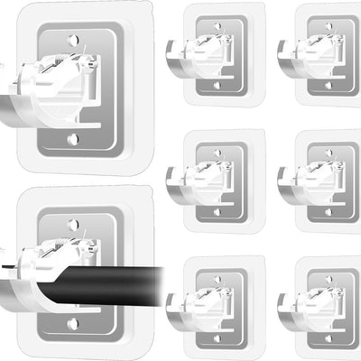 Eight clear plastic adhesive curtain rod brackets by Codoule shown on white wall, no-drill peel-and-stick wall mount holders