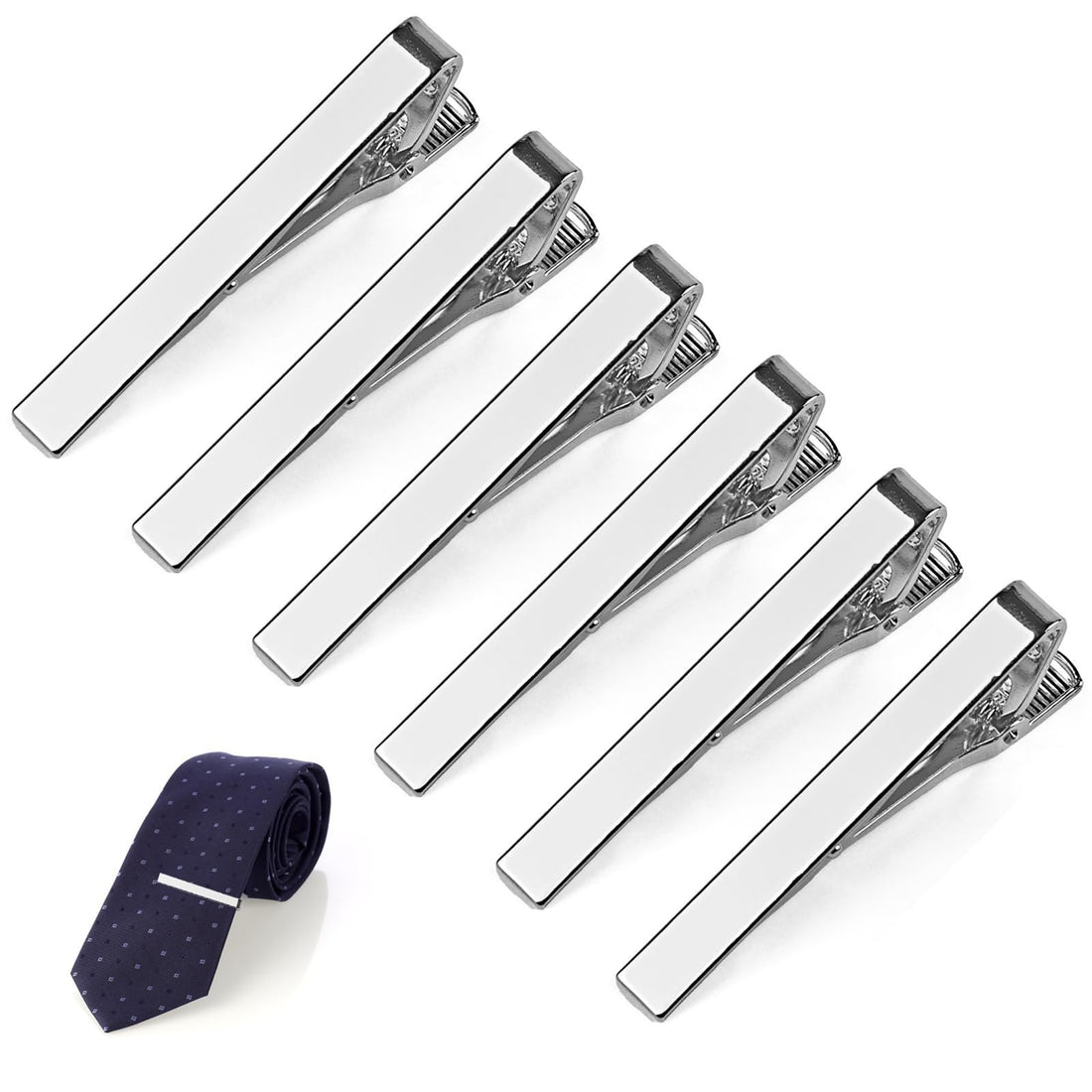 Set of 6 silver rectangle tie bar clips arranged in a gift box, classic polished finish, by MOWPOG