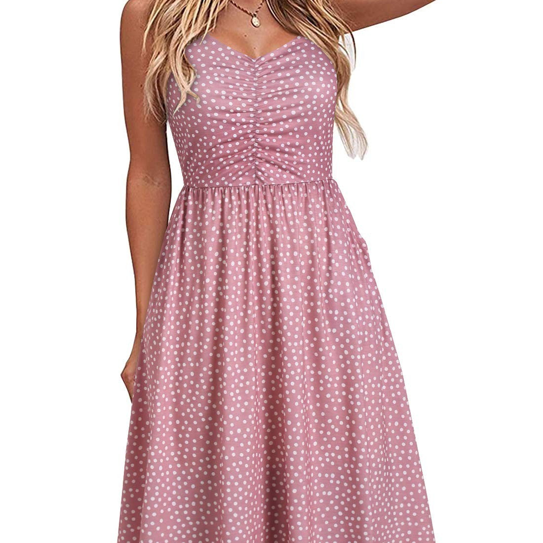 YATHON pink and white polka dot A-line sundress with spaghetti straps and V-neckline, knee-length, size M
