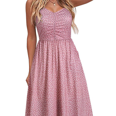 YATHON pink and white polka dot A-line sundress with spaghetti straps and V-neckline, knee-length, size M