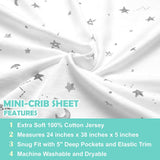 Three folded gray star and zigzag print fitted mini crib sheets 24x38 inch by American Baby Company in packaging - view 4
