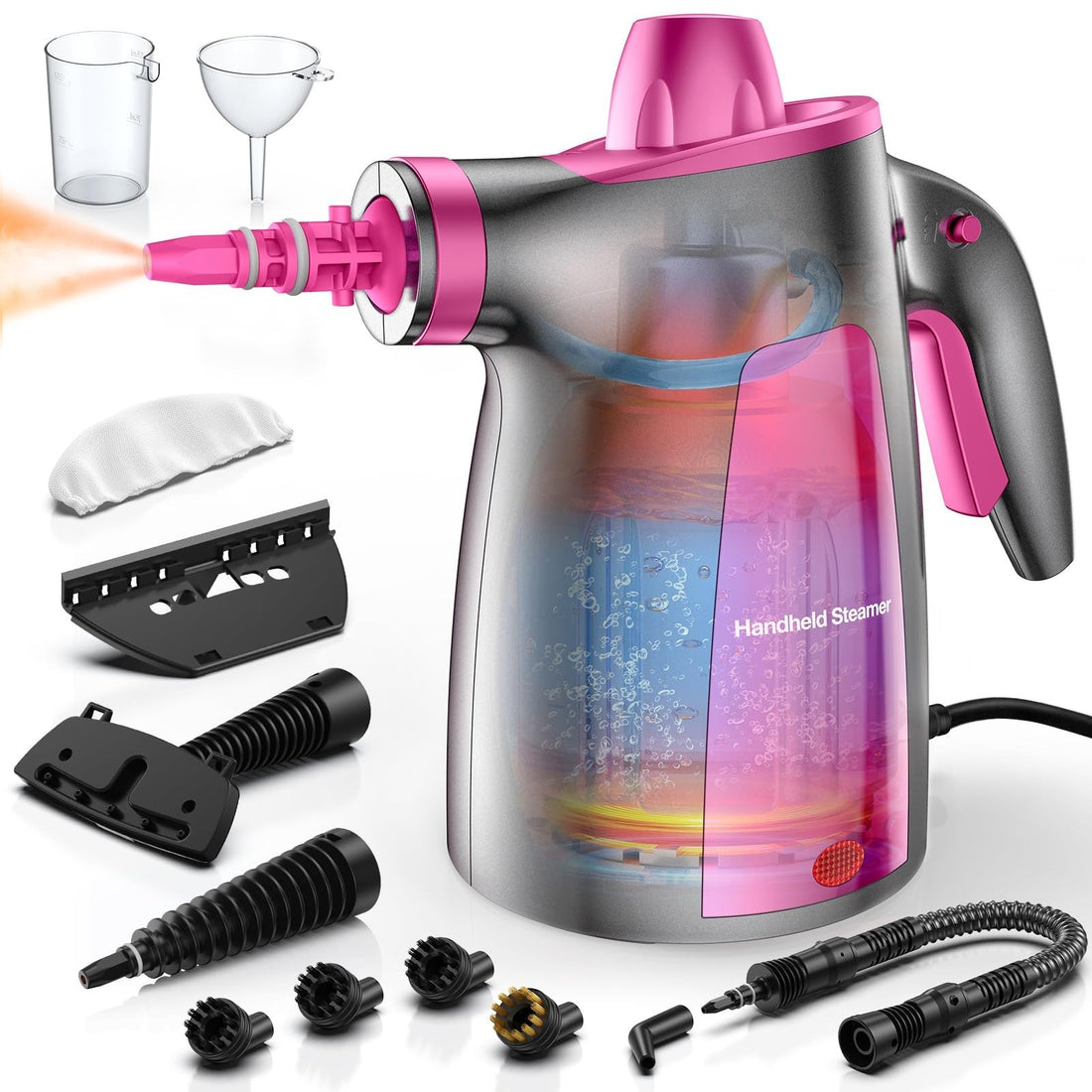 LABIGO gray handheld steam cleaner model WHL-609 with 12-piece accessory set laid out on white background