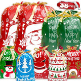 38 assorted Christmas drawstring paper gift bags in 7 festive Santa Claus and reindeer designs in three sizes