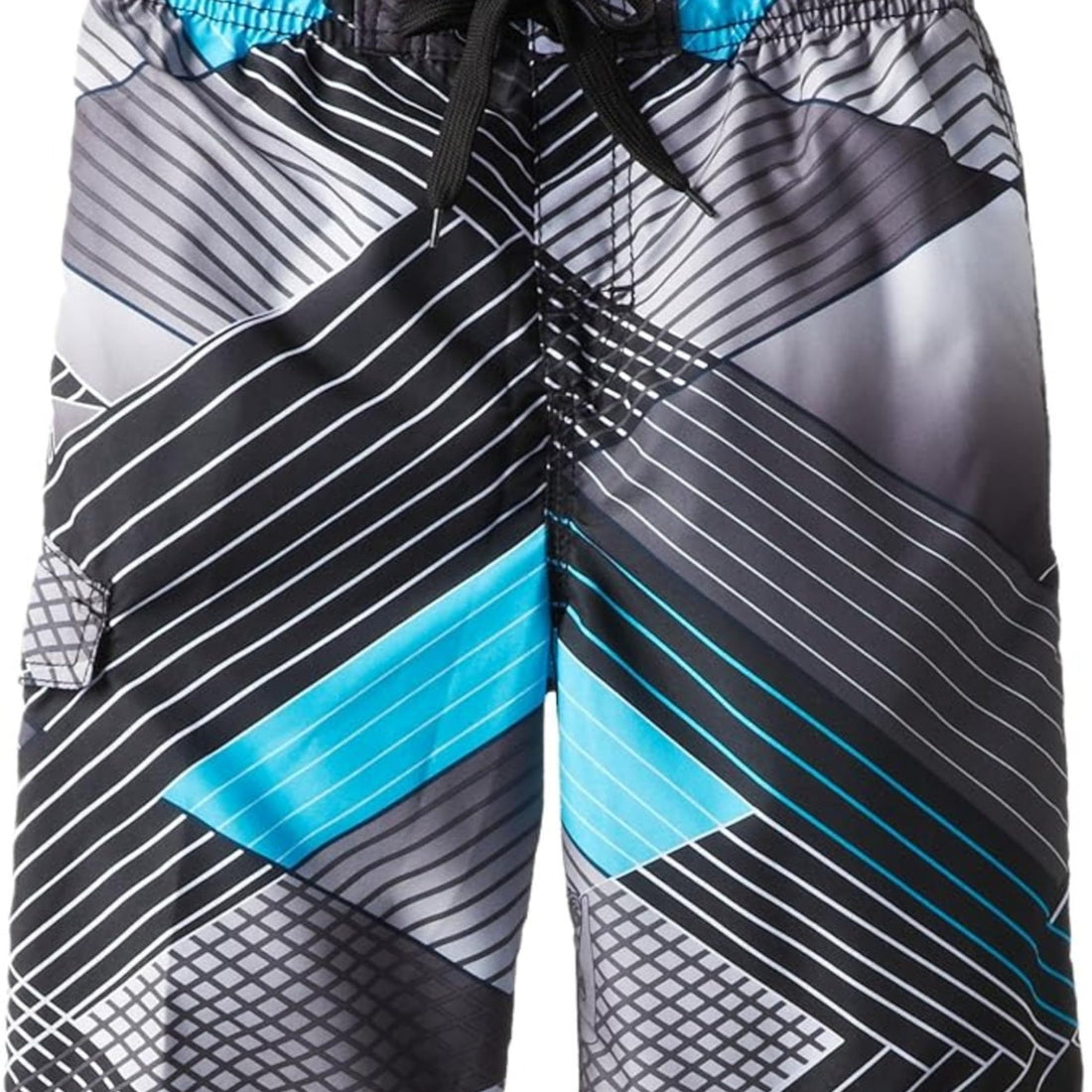 Kanu Surf boys black geometric print swim trunks with drawstring waist, size 14/16, UPF 50+ quick-dry fabric