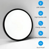 Four HOVENLA black 7-inch LED flush mount ceiling lights 18W 6500K shown individually and installed on ceiling - view 3