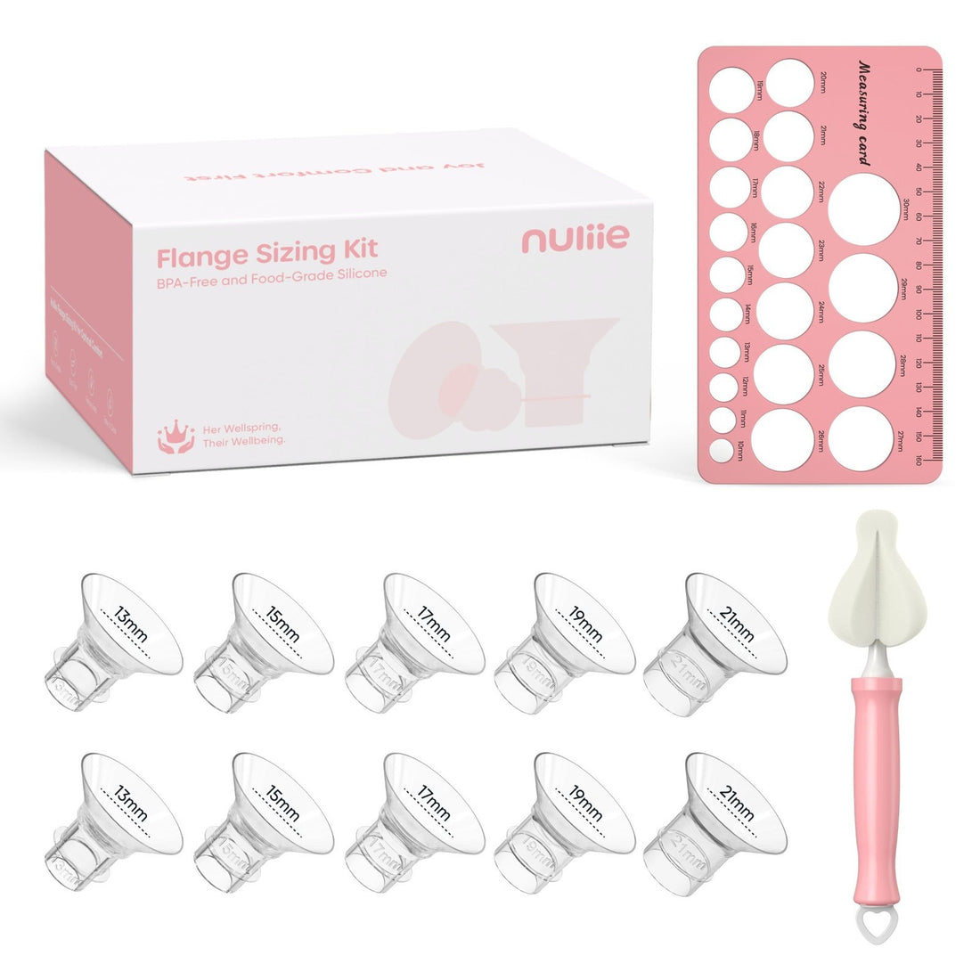 Nuliie silicone breast pump flange inserts 10-piece sizing kit in five sizes 13 to 21mm for 24mm shields