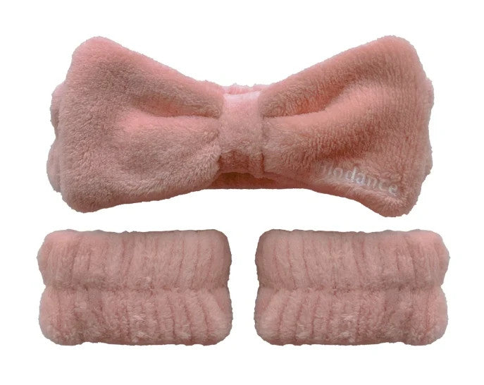 Biodance pink fluffy plush fleece spa headband and two matching wristbands set for skincare routines