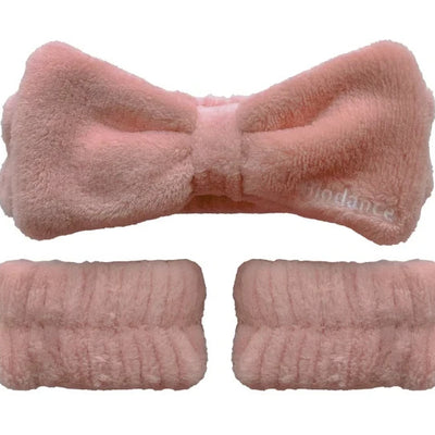 Biodance pink fluffy plush fleece spa headband and two matching wristbands set for skincare routines