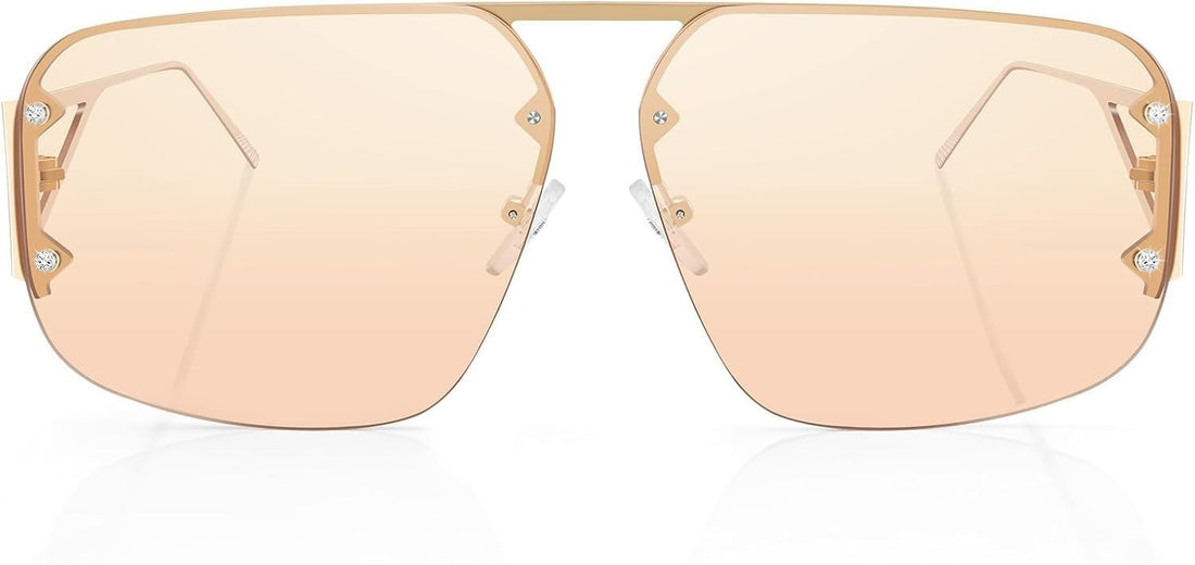 Oversized rimless aviator sunglasses in beige with rhinestone-embellished metal temples and UV400 tinted lenses, unisex style