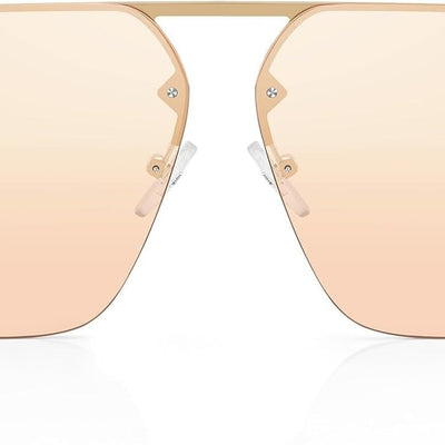 Oversized rimless aviator sunglasses in beige with rhinestone-embellished metal temples and UV400 tinted lenses, unisex style