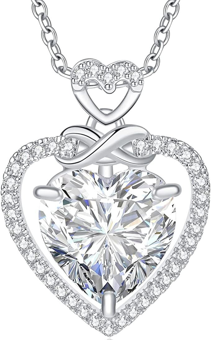 Rhodium-tone infinity heart cubic zirconia pendant necklace on adjustable rolo chain with blue suede gift box and pouch