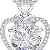 Rhodium-tone infinity heart cubic zirconia pendant necklace on adjustable rolo chain with blue suede gift box and pouch