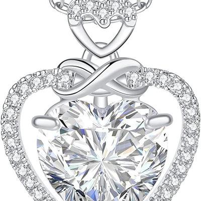 Rhodium-tone infinity heart cubic zirconia pendant necklace on adjustable rolo chain with blue suede gift box and pouch