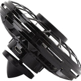 Black hand operated flying orb drone with colorful LED lights, showing enclosed blade safety design by HOVERBYRD - view 2