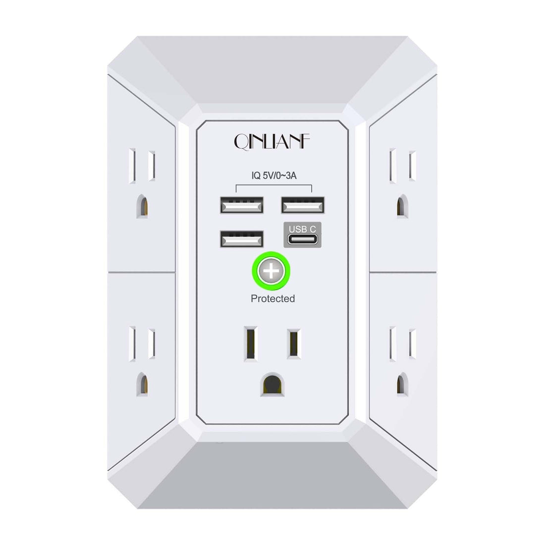White wall-mounted surge protector with 5 AC outlets and 4 USB ports plugged into duplex wall outlet, QINLIANF HR-519D