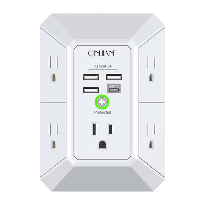 White wall-mounted surge protector with 5 AC outlets and 4 USB ports plugged into duplex wall outlet, QINLIANF HR-519D