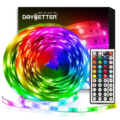 DAYBETTER 32.8ft RGB color changing LED strip lights with 44-key IR remote and controller box on white background