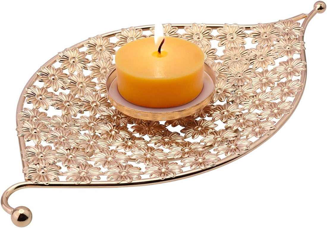 HOVTOV gold iron pillar candle holder plate 9.8 inches wide with polished finish on a flat stable base