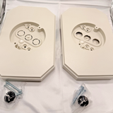 Two white Podoy vinyl siding mounting blocks with built-in electrical boxes and included screws for outdoor light fixture installation - view 7