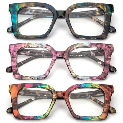 Three pairs of square frame blue light blocking reading glasses in mixed colors by KoKoBin, strength 2.75, new in packaging