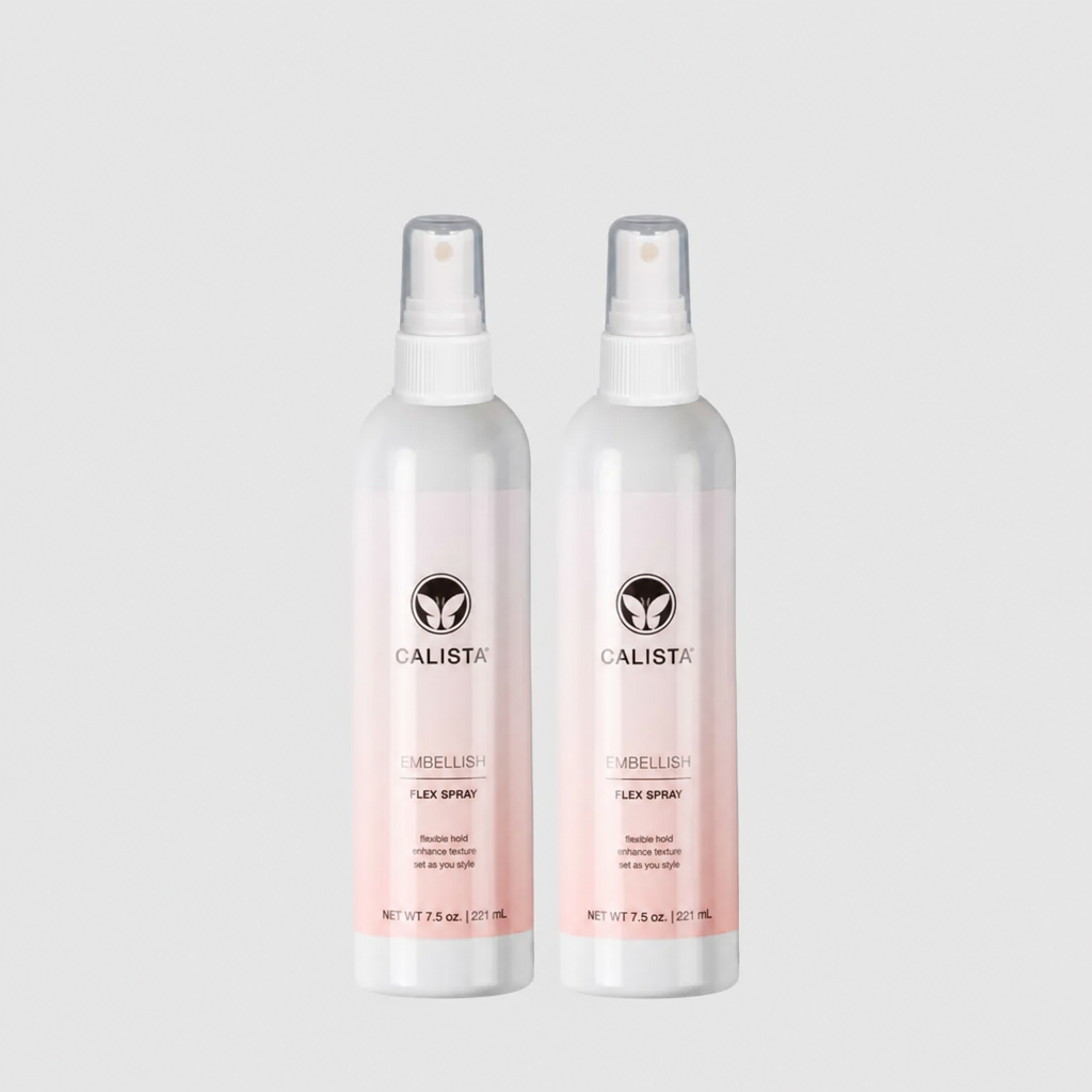 Two Calista Embellish Flex non-aerosol pump hair spray bottles, 7.5 oz each, flexible hold formula
