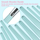 DUAIU 16-piece makeup brush set with blue wooden handles fanned out beside a soft blue cosmetic travel bag - view 5