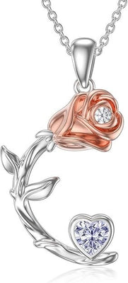 925 sterling silver rose moon pendant necklace with red garnet heart accent on 18 inch rolo chain