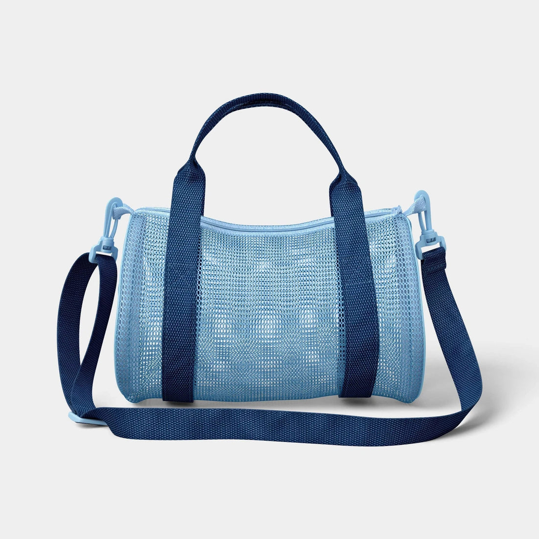 Sun Squad small blue mesh duffel bag with adjustable shoulder strap and zip closure, 10.5x6.5x6.5 inches
