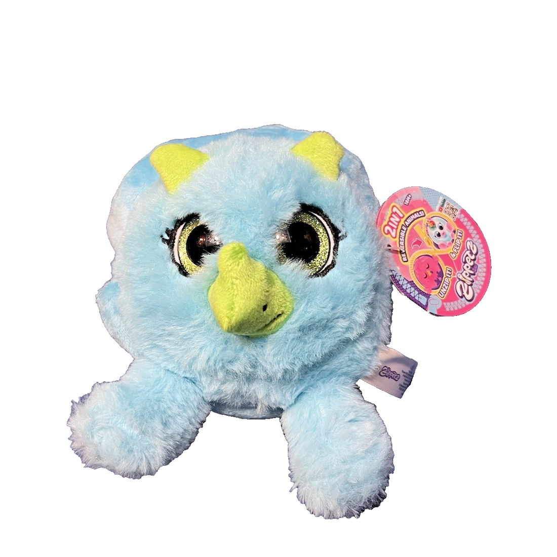 ZIPPETZ 7-inch reversible plush toy showing dinosaur side and dragon side with expressive googly eyes on multicolor soft fabric