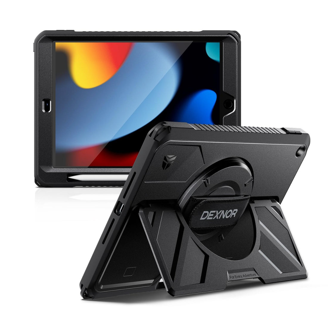 Dexnor black rugged case for iPad 10.2 inch with built-in kickstand, rotating hand strap, and pencil holder