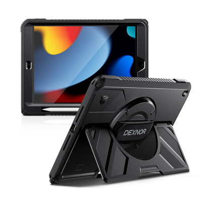 Dexnor black rugged case for iPad 10.2 inch with built-in kickstand, rotating hand strap, and pencil holder