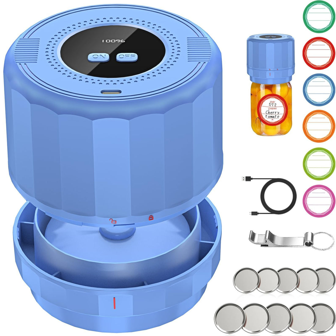 UNERVER M11 blue electric mason jar vacuum sealer kit with wide and regular mouth lids, labels, and pen included