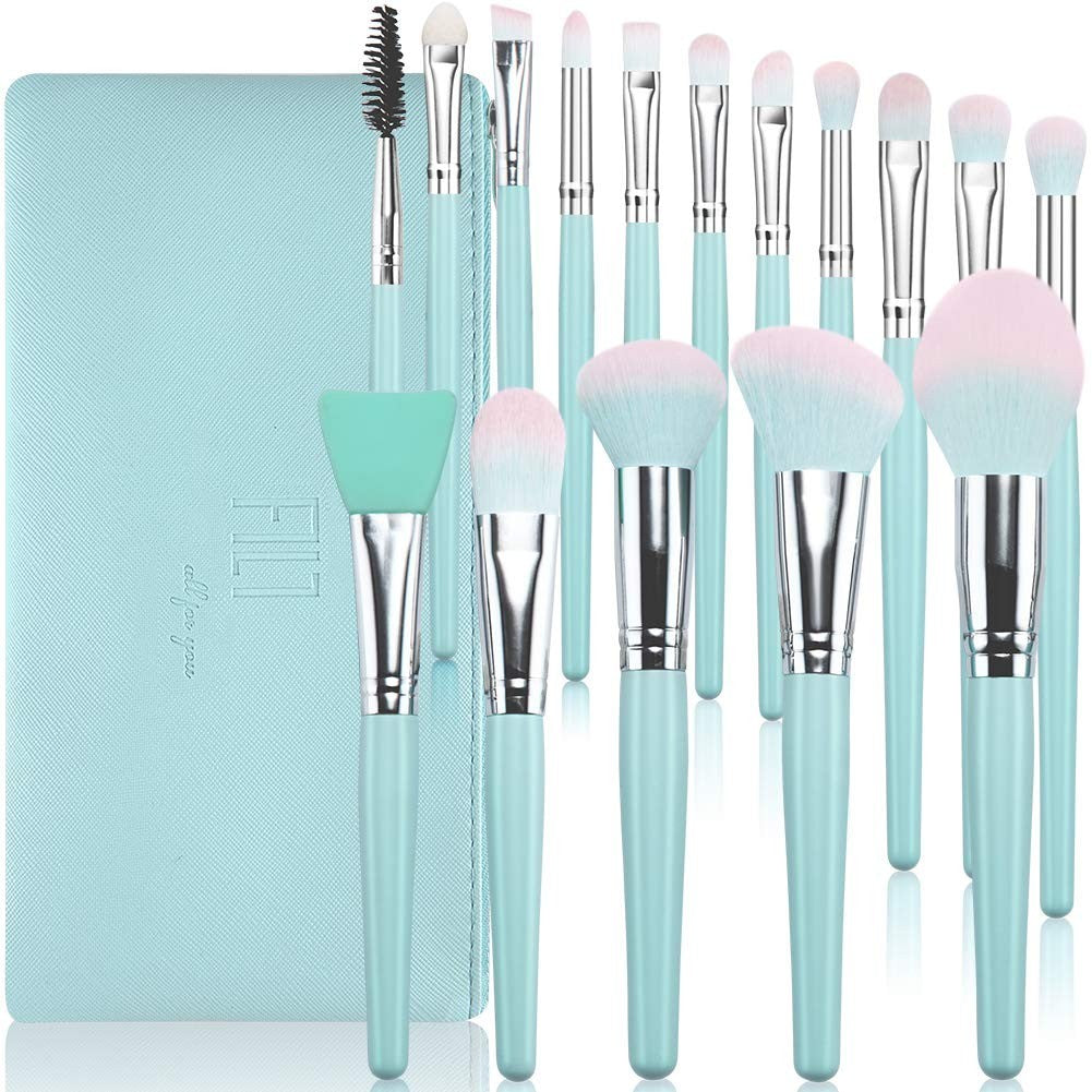 DUAIU 16-piece makeup brush set with blue wooden handles fanned out beside a soft blue cosmetic travel bag