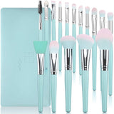 DUAIU 16-piece makeup brush set with blue wooden handles fanned out beside a soft blue cosmetic travel bag