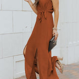 Brown sleeveless chiffon midi halter dress with high neck cord tie and side slit, shown on model or flat lay - view 5