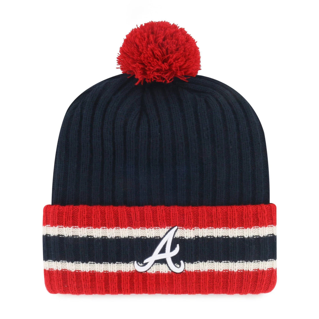 MLB Atlanta Braves crevasse knit pull-on beanie hat in team colors, officially licensed acrylic midweight cap