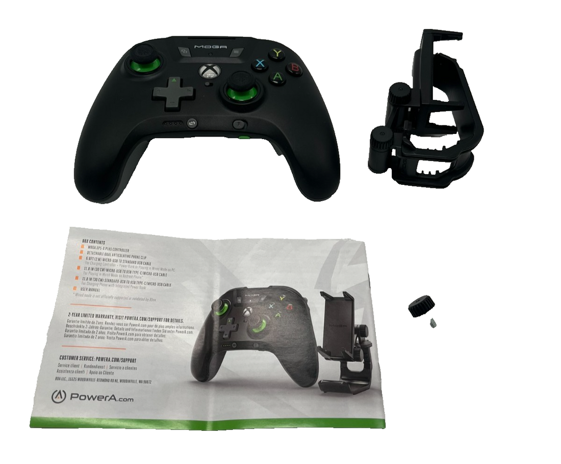 PowerA XP5 X Plus black Bluetooth gaming controller with detachable phone clip and Xbox-style layout