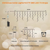 Warm white LED icicle lights with 72 hanging drops strung along a roofline outdoors, Christmas icicle lights 360 LED 18.57ft - view 5