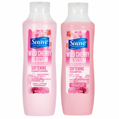 Suave Essentials Wild Cherry Blossom Shampoo and Conditioner 22.5oz squeeze bottles with Vitamin E formula