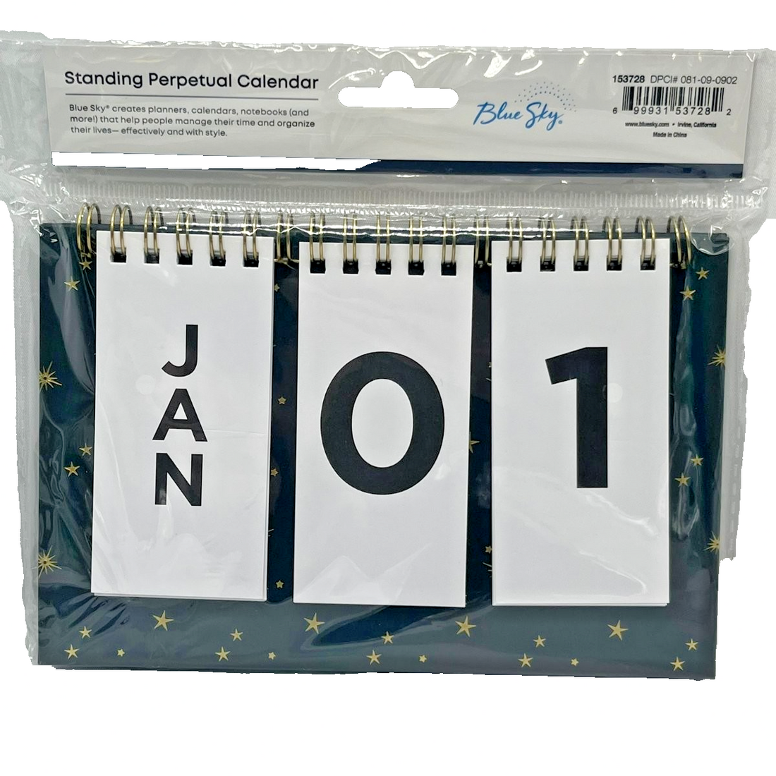 Blue Sky standing perpetual desk calendar with black base, gold starburst accents, and gold twin-wire binding showing flip date cards