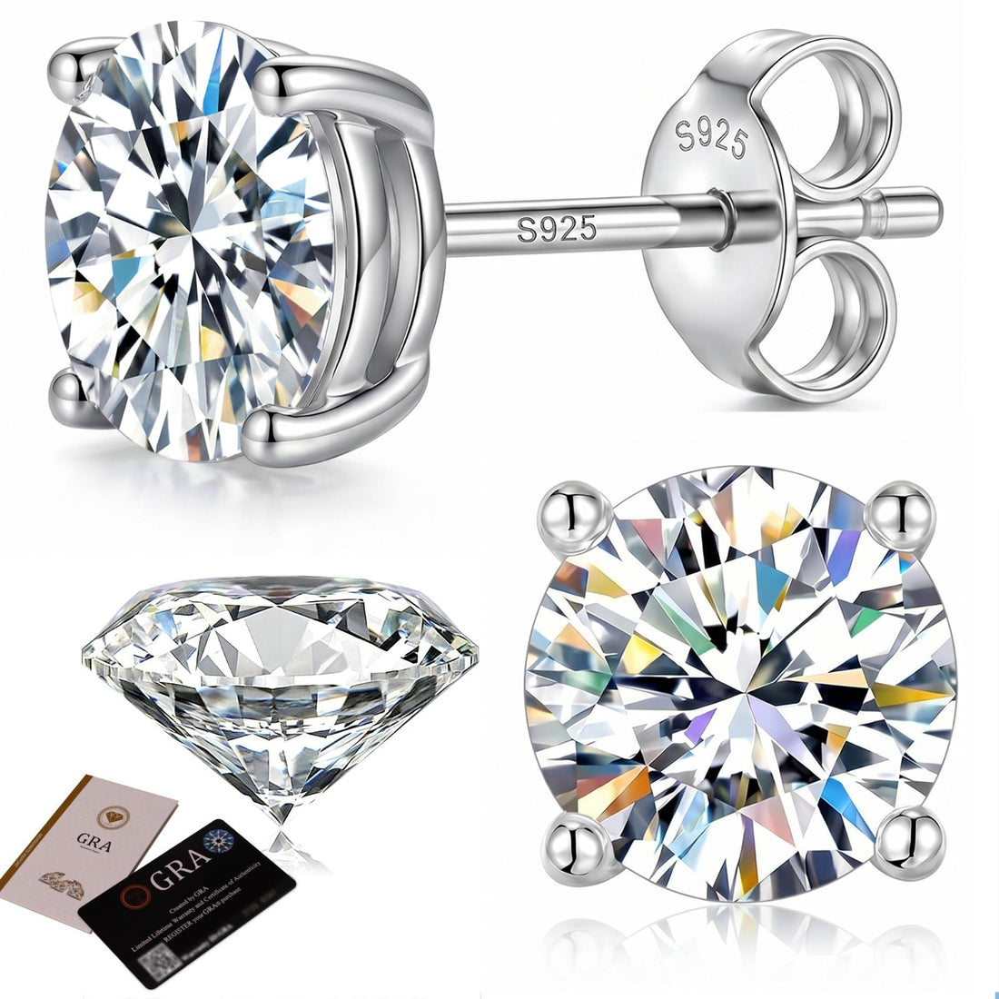 Pair of round moissanite stud earrings in 925 sterling silver with D color lab-grown stones, screw-back closure