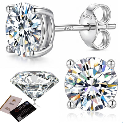 Pair of round moissanite stud earrings in 925 sterling silver with D color lab-grown stones, screw-back closure
