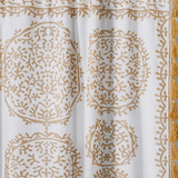 Two white and gold sheer cotton Indian mandala boho curtains with pom pom lace trim, 87 inches long by 41 inches wide - view 4