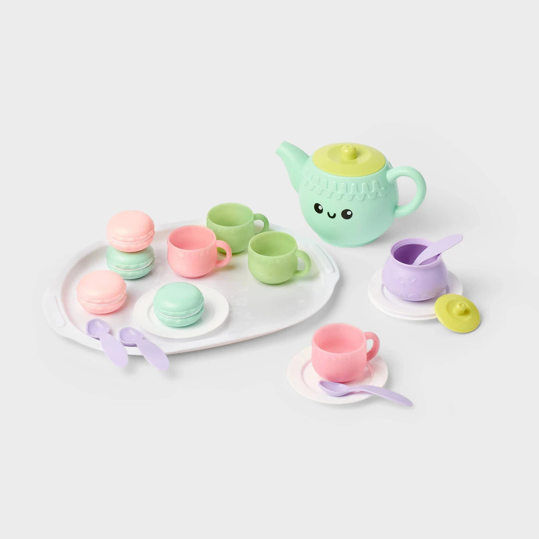 Gigglescape 21-piece plastic kids tea set with smiley face teapot, teacups, plates, tray and play macarons for toddlers